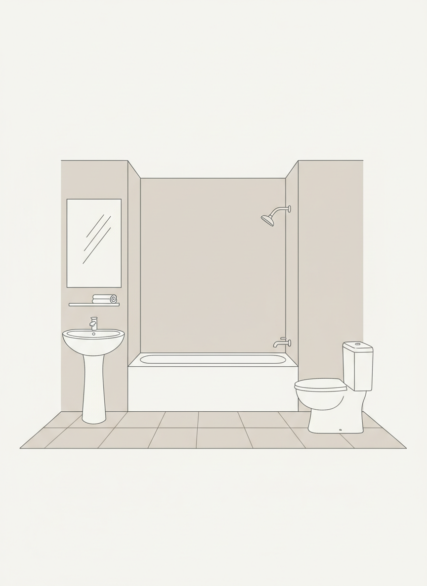 A placeholder illustration for a bathroom, in a simple clean style matching a property listing. Neutral colours, minimal detail, clearly representing a bathroom interior. Style should match a simple architectural illustration or placeholder graphic.